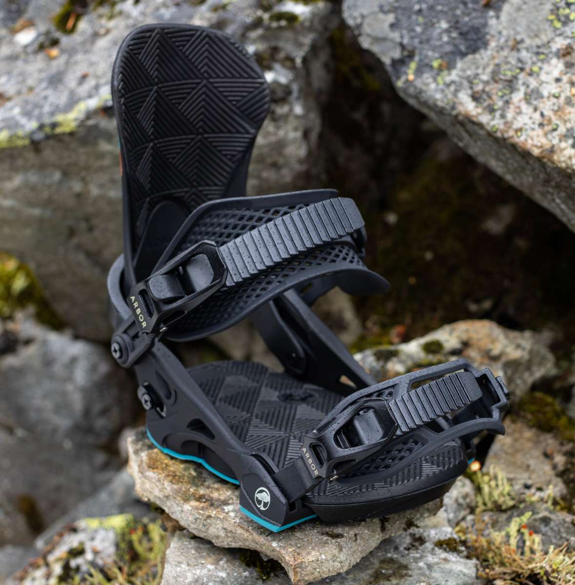 Arbor Women's Sequioa Snowboard Bindings - Black bindings with a geometric pattern on the straps and baseplate.