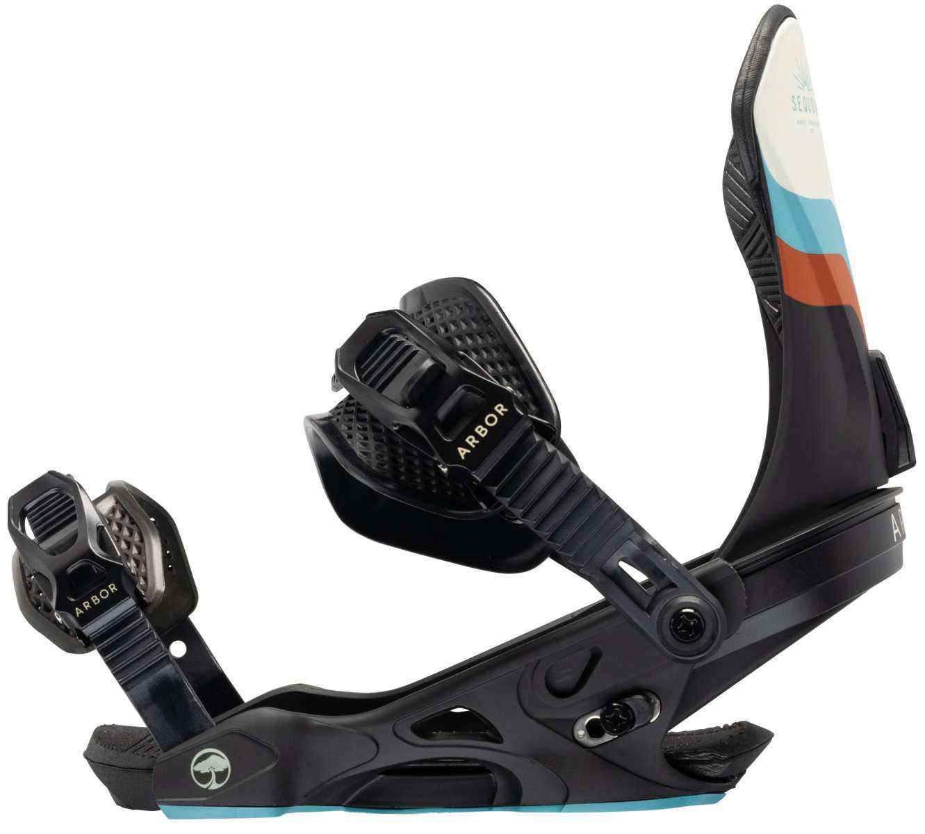 Arbor Women's Sequia Snowboard Bindings - A pair of black bindings with a white, blue and orange stripe on the right binding strap.