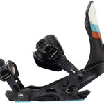 Arbor Women's Sequia Snowboard Bindings - A pair of black bindings with a white, blue and orange stripe on the right binding strap.