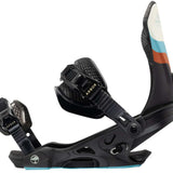 Arbor Women's Sequia Snowboard Bindings - A pair of black bindings with a white, blue and orange stripe on the right binding strap.