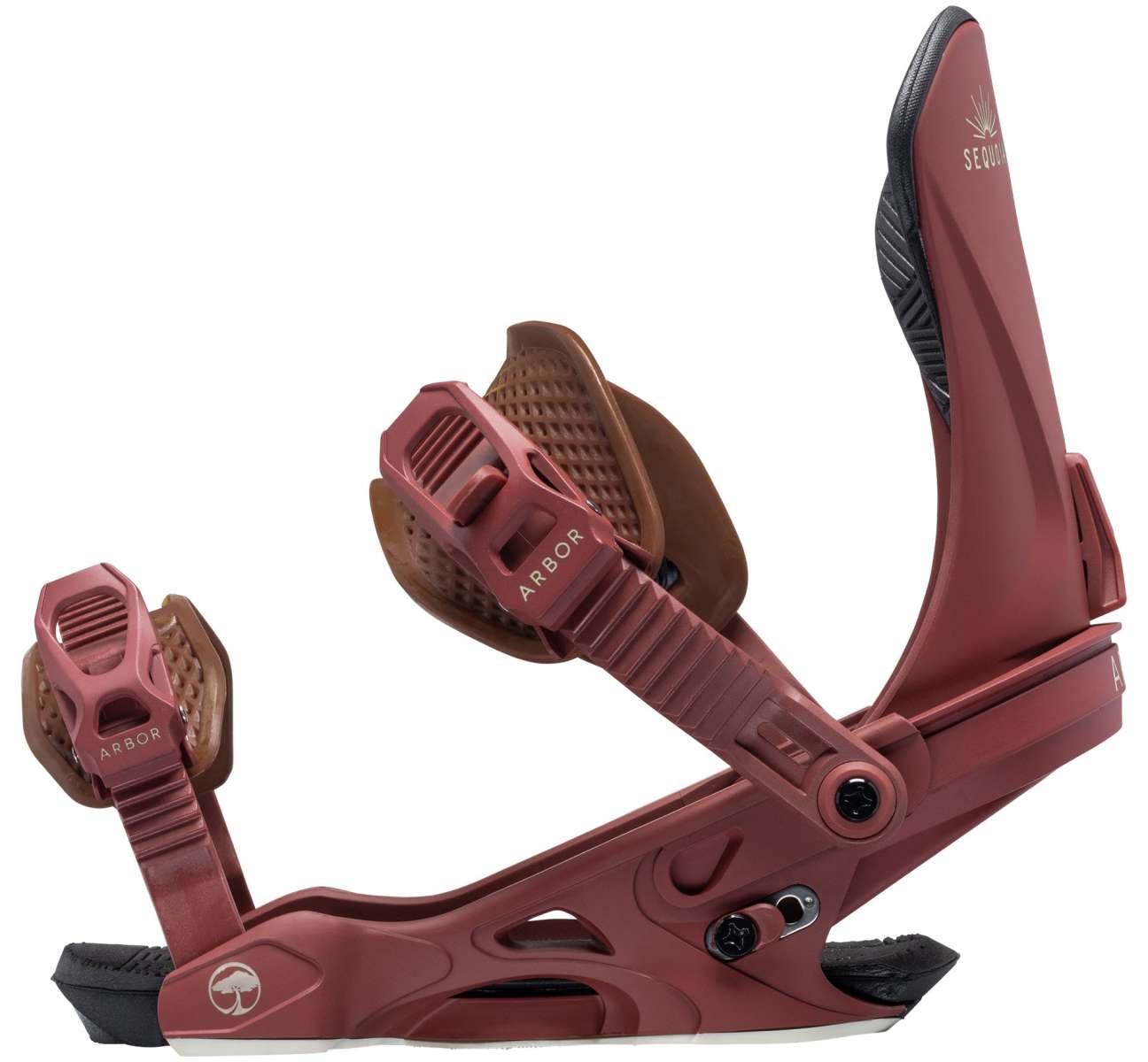 Arbor Women's Sequioa Snowboard Bindings - A pair of women's bindings with a brown base and straps, featuring a textured pattern on the strap padding.