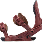 Arbor Women's Sequioa Snowboard Bindings - A pair of women's bindings with a brown base and straps, featuring a textured pattern on the strap padding.