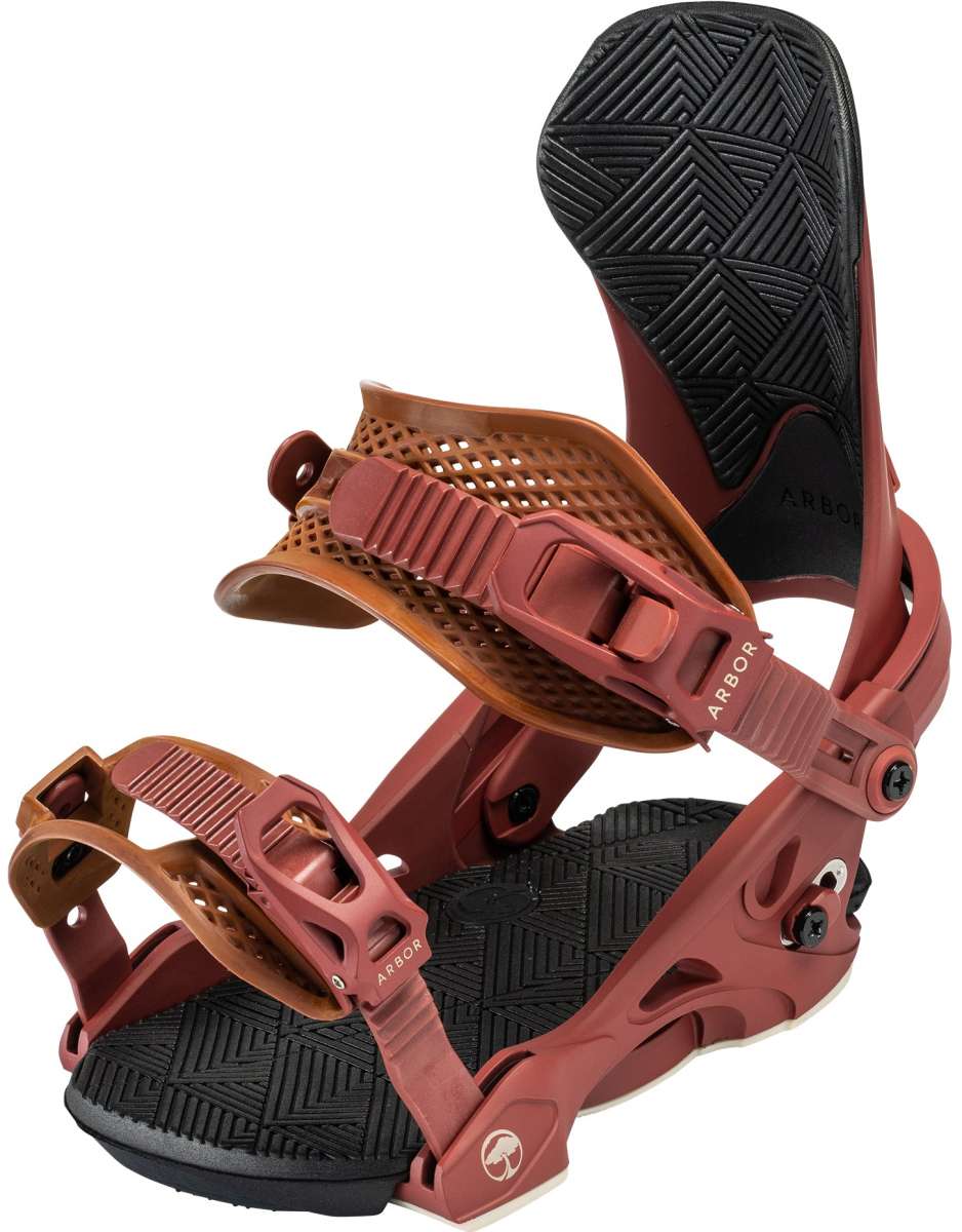 Arbor Women's Sequioa Snowboard Bindings - A pair of brown bindings with a geometric pattern on the straps and a black base plate.