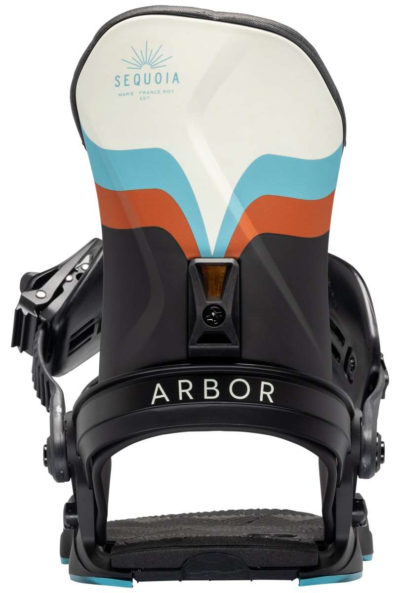 Arbor Women's Sequoia Snowboard Bindings 2024 - A black snowboard binding with a white, blue and orange design on top.