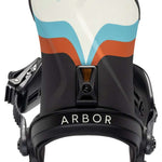 Arbor Women's Sequoia Snowboard Bindings 2024 - A black snowboard binding with a white, blue and orange design on top.