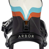 Arbor Women's Sequoia Snowboard Bindings 2024 - A black snowboard binding with a white, blue and orange design on top.