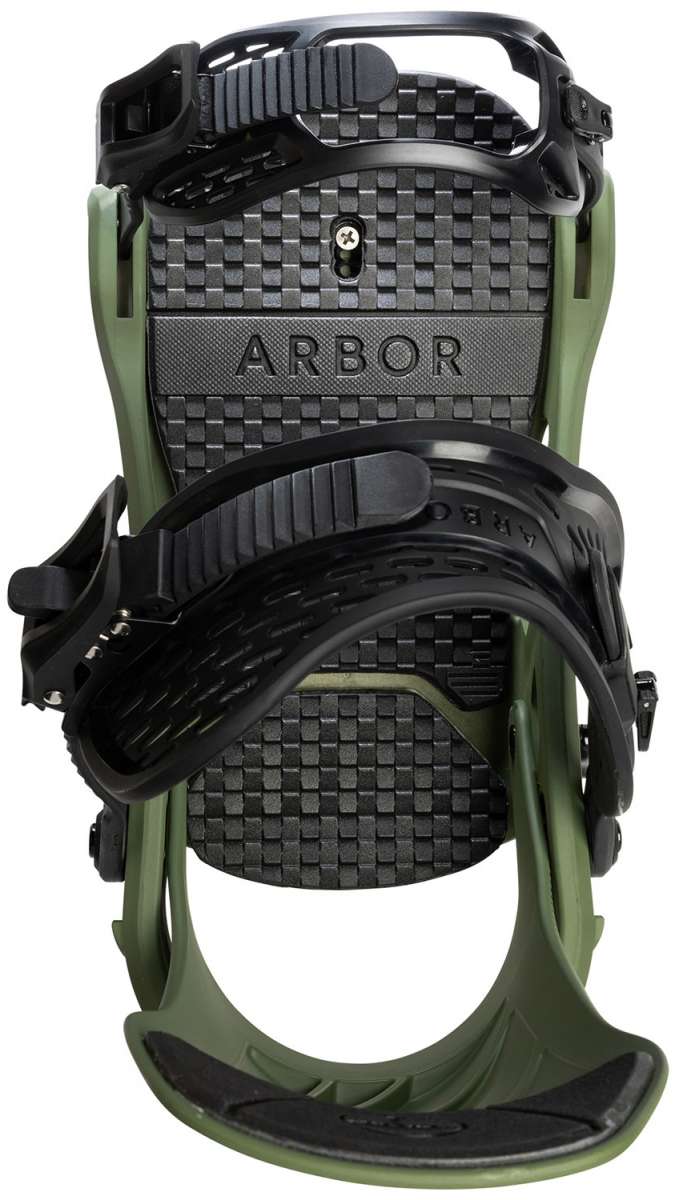 Arbor Spruce Snowboard Bindings 2024 - A black snowboard binding with a checkered pattern on top and green accents.