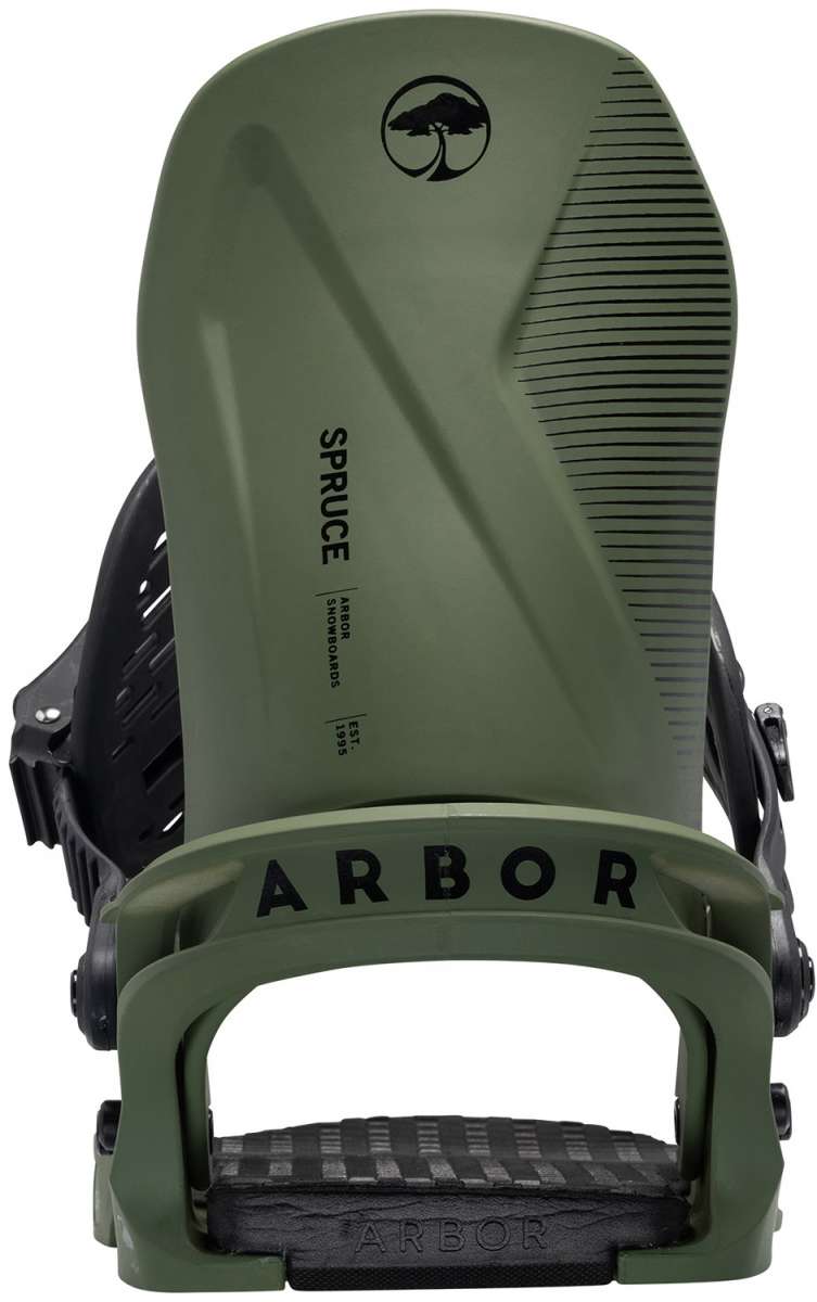 Arbor Spruce Snowboard Bindings 2024 - A sage green snowboard binding with a black logo featuring an evergreen tree silhouette at the top of the board.