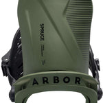 Arbor Spruce Snowboard Bindings 2024 - A sage green snowboard binding with a black logo featuring an evergreen tree silhouette at the top of the board.
