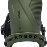 Arbor Spruce Snowboard Bindings 2024 - A sage green snowboard binding with a black logo featuring an evergreen tree silhouette at the top of the board.