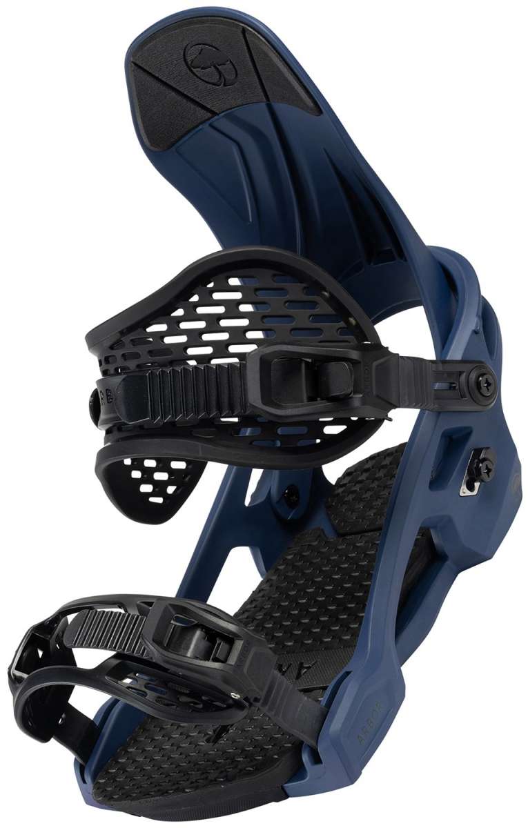 Arbor Spruce Snowboard Bindings 2024 - A pair of blue snowboard bindings with black straps and buckles, featuring a textured footbed.