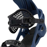 Arbor Spruce Snowboard Bindings 2024 - A pair of blue snowboard bindings with black straps and buckles, featuring a textured footbed.