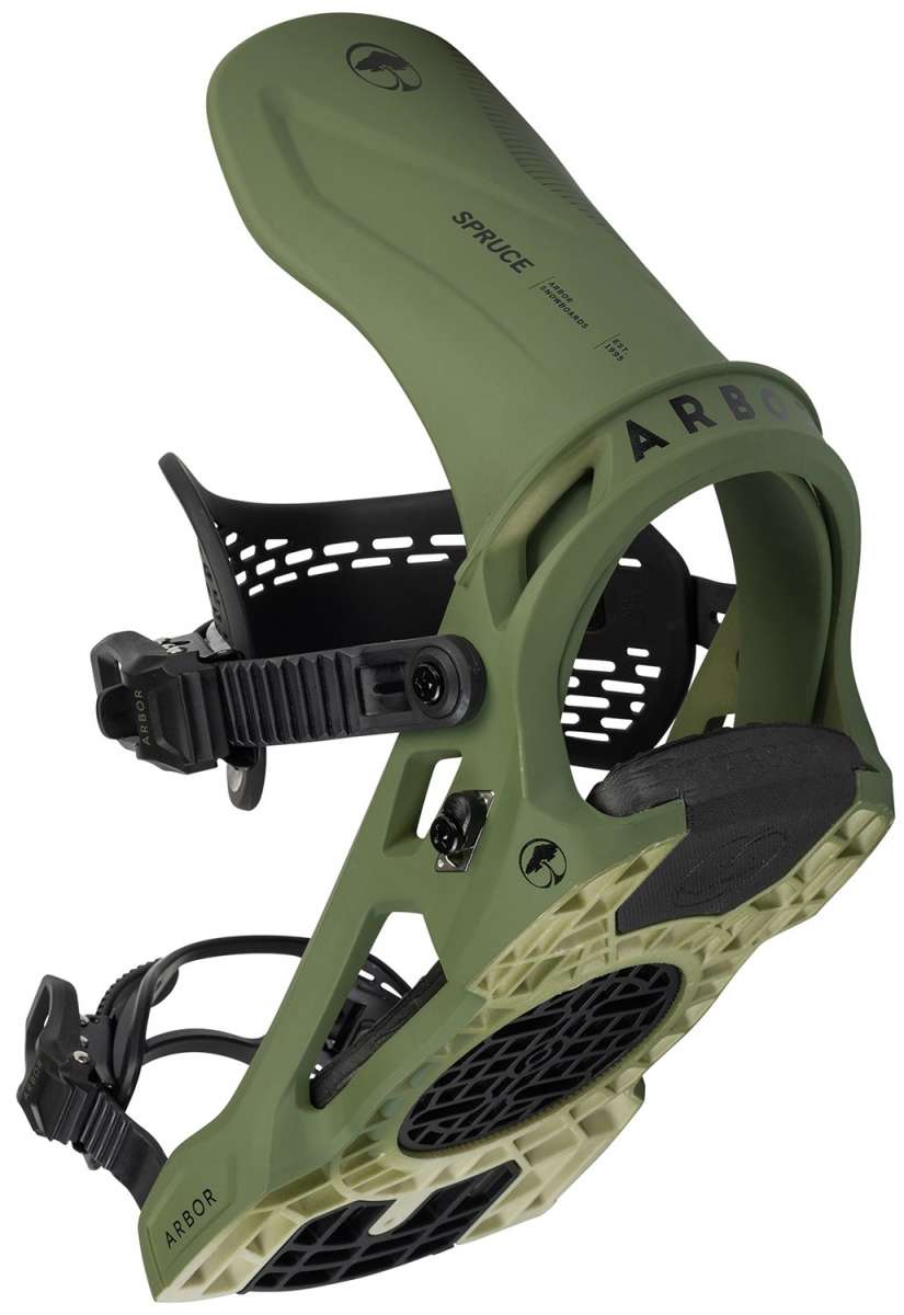 Arbor Spruce Snowboard Bindings 2024 - Olive green bindings with black straps and buckles.