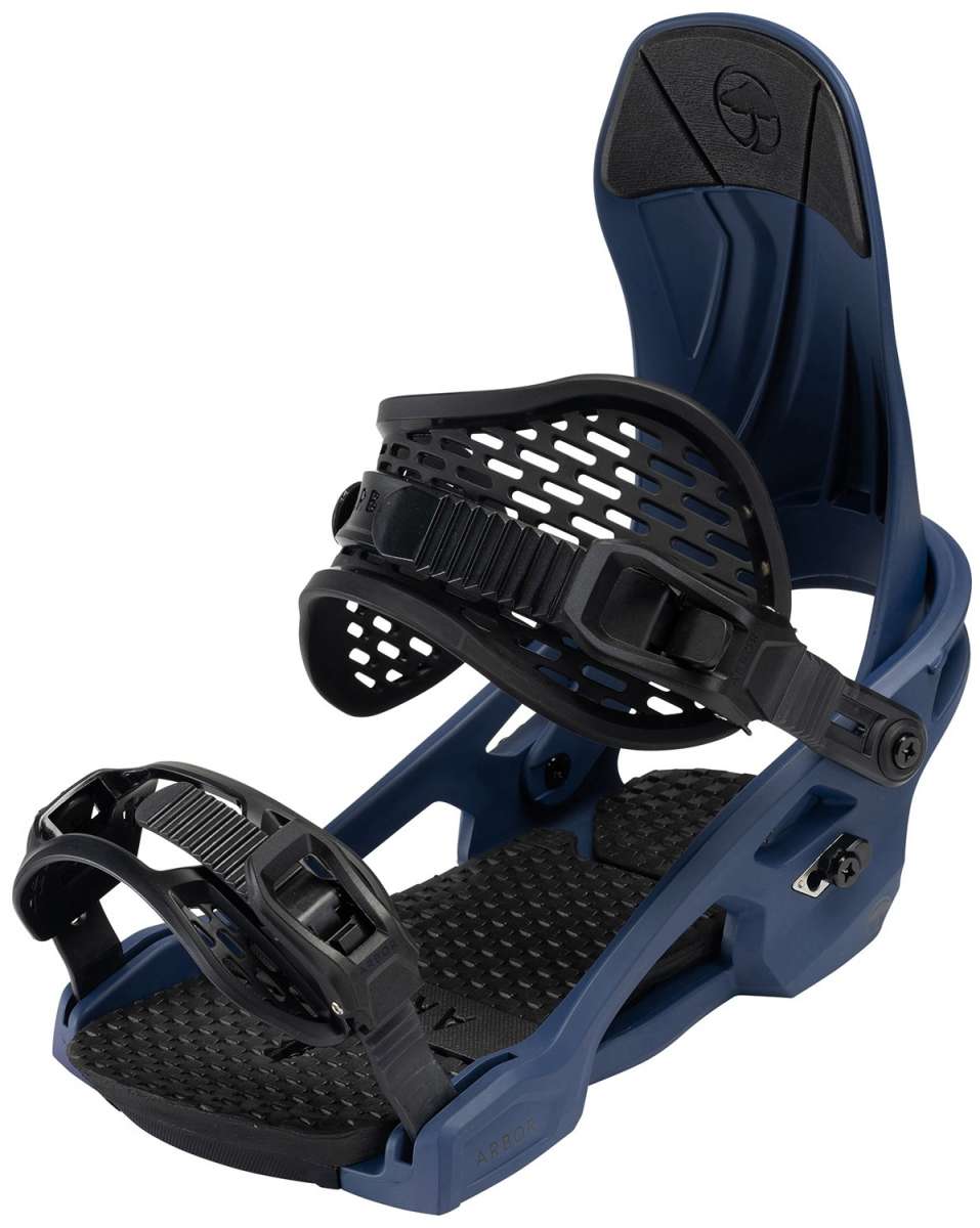 Arbor Spruce Snowboard Bindings 2024 - A pair of black bindings with a textured footbed and silver screws.