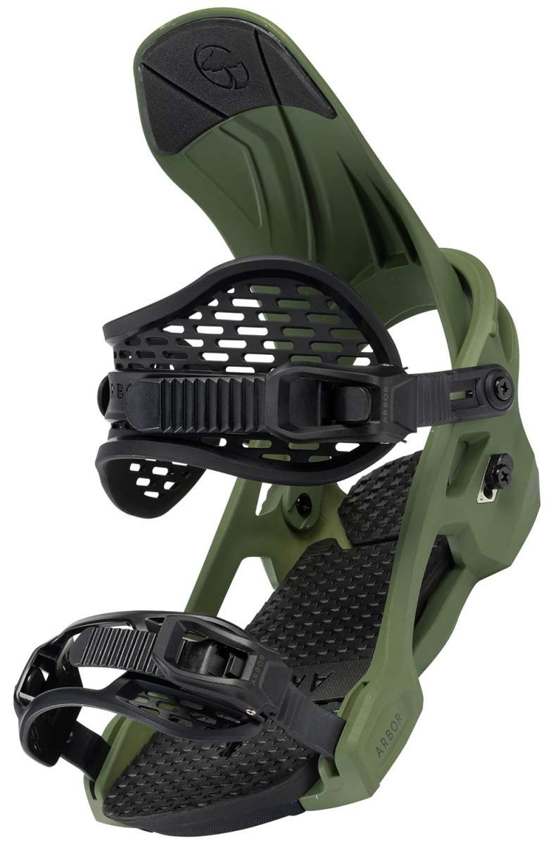 Arbor Spruce Snowboard Bindings 2024 - A pair of green snowboard bindings with black straps and buckles.