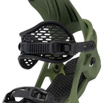 Arbor Spruce Snowboard Bindings 2024 - A pair of green snowboard bindings with black straps and buckles.