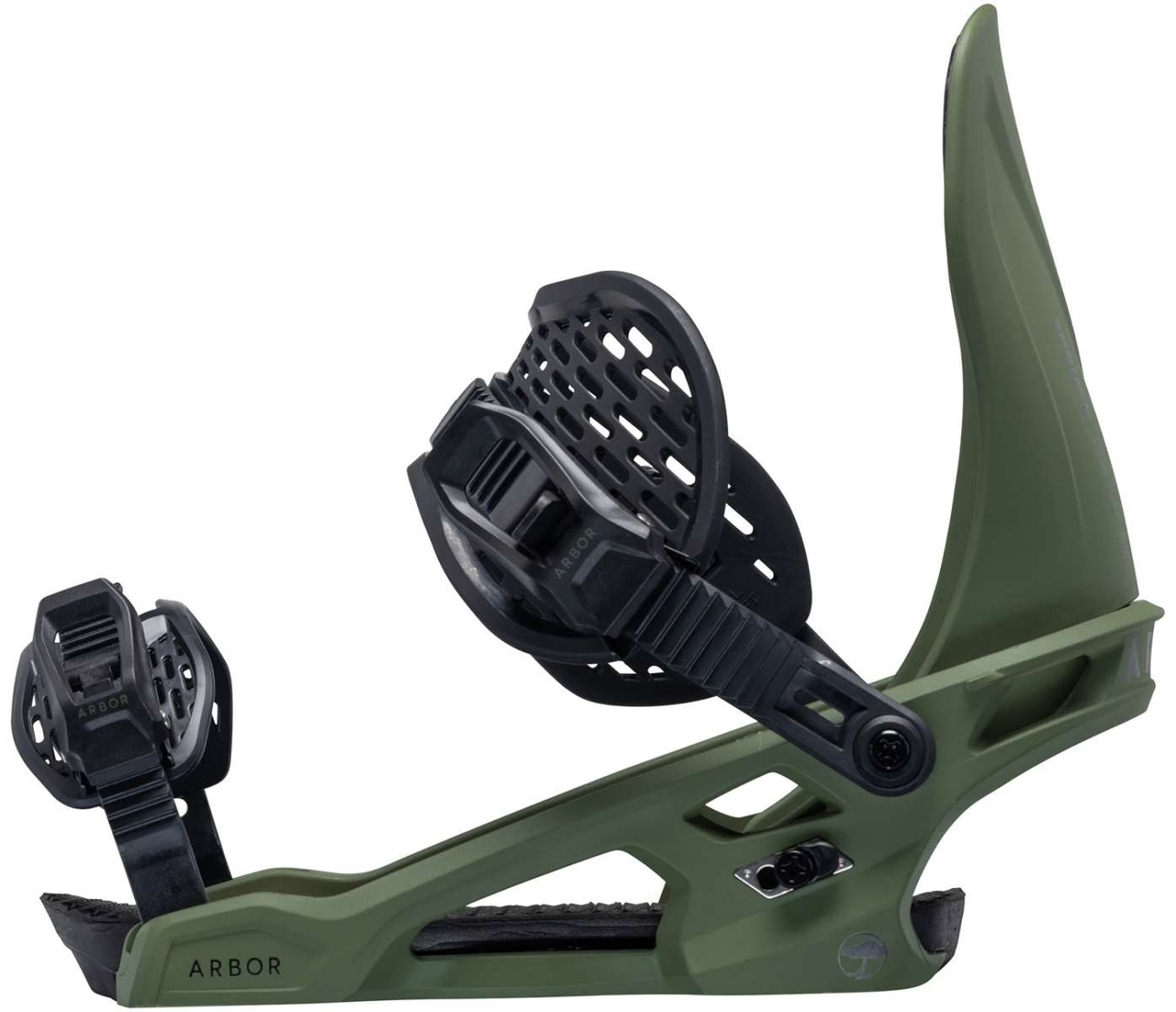 Arbor Spruce Snowboard Bindings 2024 - A pair of green snowboard bindings with black buckles and straps.