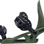 Arbor Spruce Snowboard Bindings 2024 - A pair of green snowboard bindings with black buckles and straps.