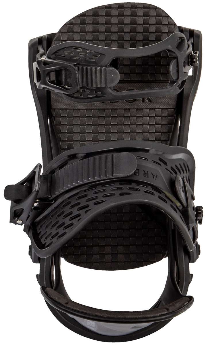 Arbor Spruce Snowboard Bindings 2024 - Black bindings with a checkered pattern on top and black straps.