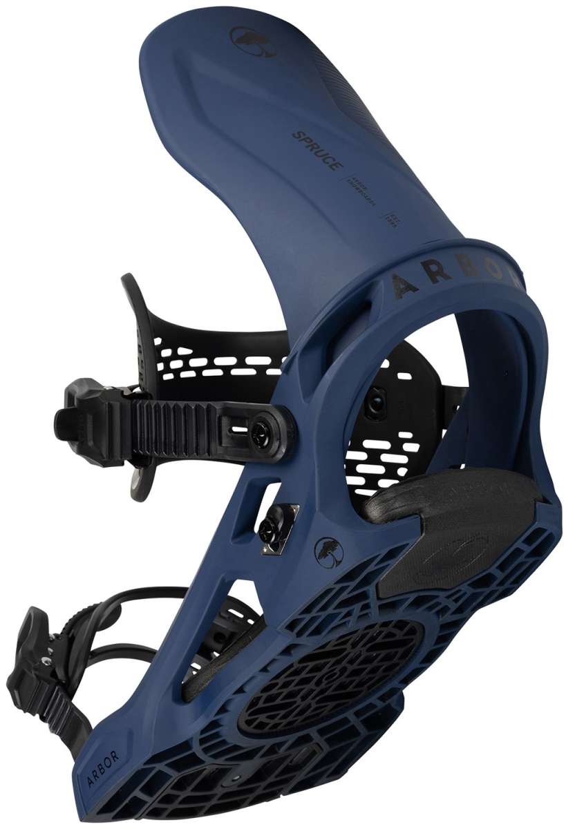 Arbor Spruce Snowboard Bindings 2024 - A pair of blue snowboard bindings with black buckles and straps.