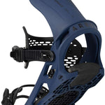 Arbor Spruce Snowboard Bindings 2024 - A pair of blue snowboard bindings with black buckles and straps.