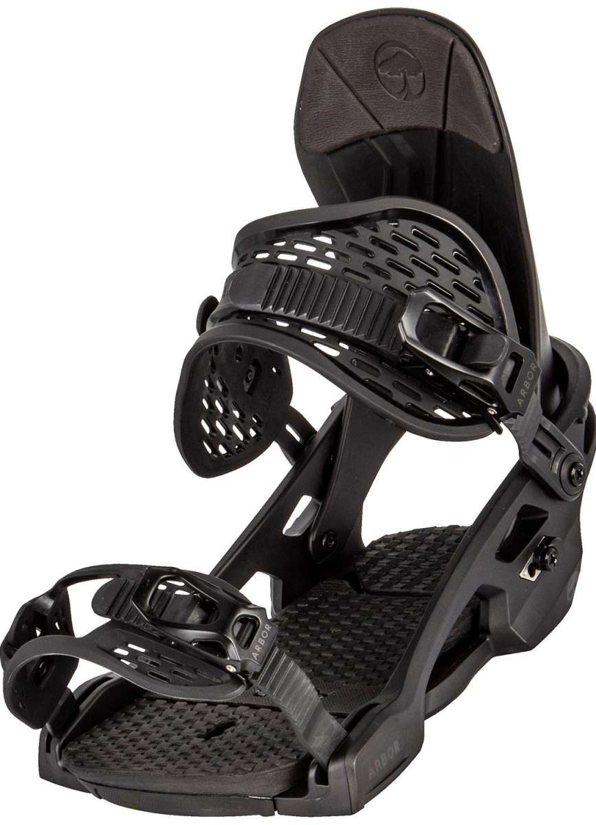 Arbor Spruce Snowboard Bindings 2024 - Black bindings with a textured strap and silver buckles.