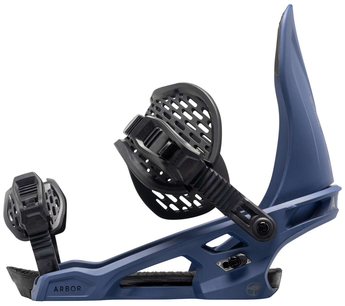 Arbor Spruce Snowboard Bindings 2024 - A pair of black bindings with a textured strap and a circular metal piece on top.