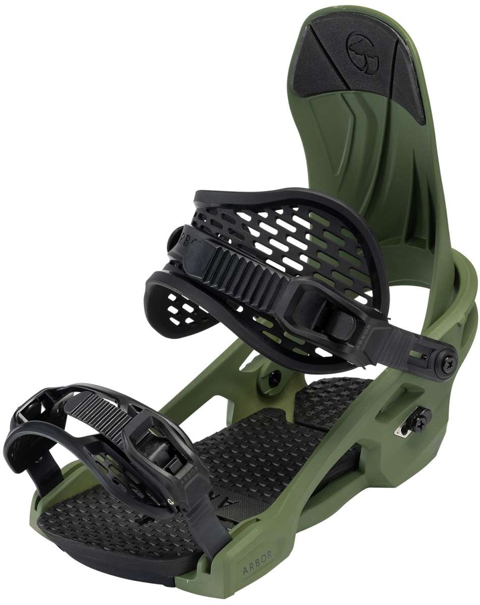 Arbor Spruce Snowboard Bindings 2024 - A pair of green snowboard bindings with black straps and buckles.