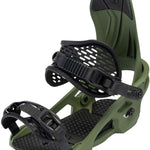 Arbor Spruce Snowboard Bindings 2024 - A pair of green snowboard bindings with black straps and buckles.