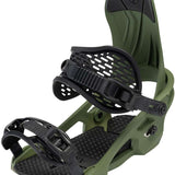 Arbor Spruce Snowboard Bindings 2024 - A pair of green snowboard bindings with black straps and buckles.