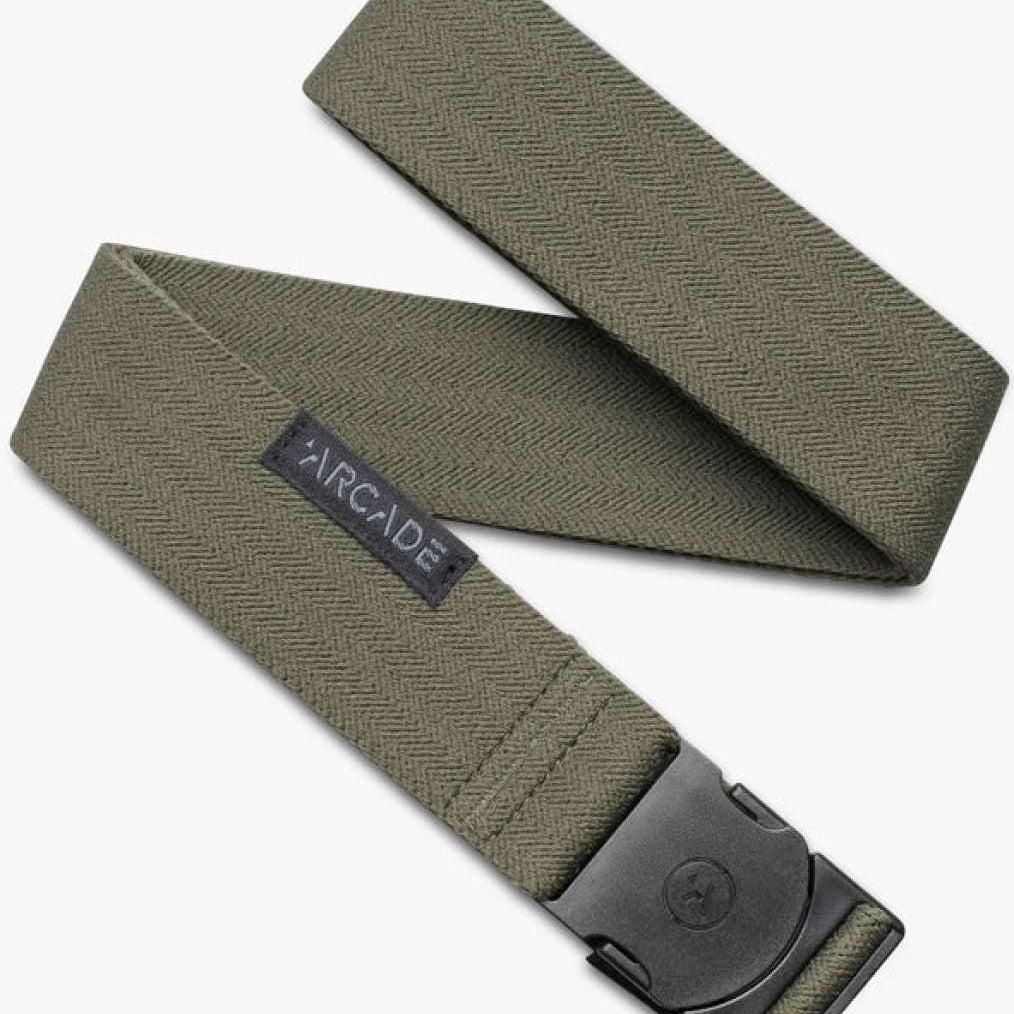 Arcade Ranger Belt 2023 - A sage green belt with a herringbone pattern, featuring an adjustable black buckle and a woven olive-green stripe on the end.