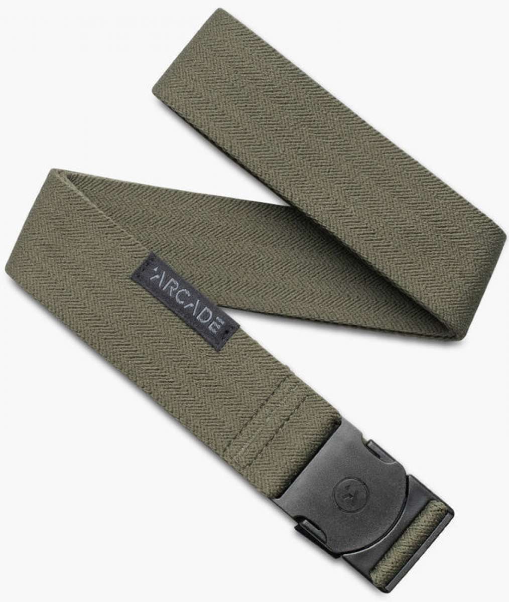 Arcade Ranger Belt 2023 - A sage green belt with a herringbone pattern, featuring an adjustable black buckle and a woven olive-green stripe on the end.