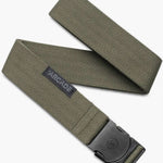 Arcade Ranger Belt 2023 - A sage green belt with a herringbone pattern, featuring an adjustable black buckle and a woven olive-green stripe on the end.