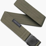Arcade Ranger Belt 2023 - A sage green belt with a herringbone pattern, featuring an adjustable black buckle and a woven olive-green stripe on the end.