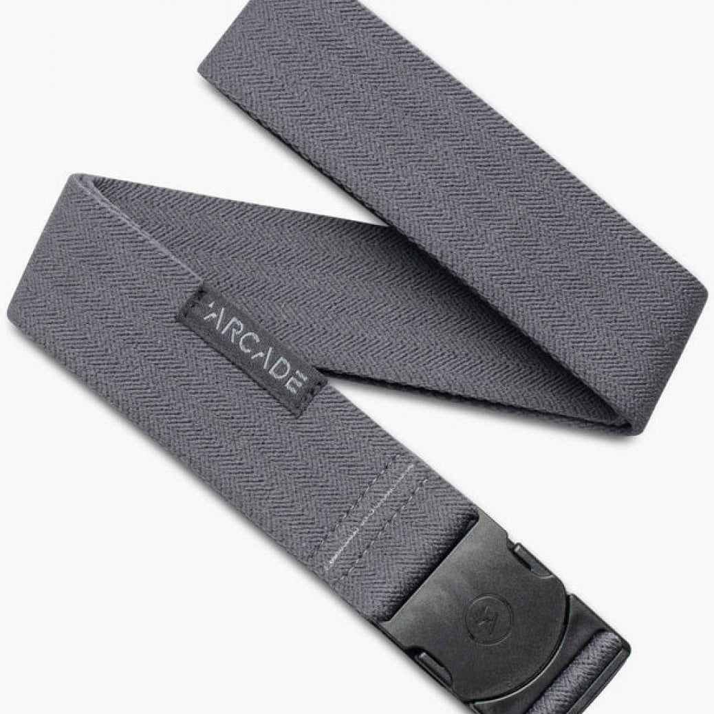 Arcade Ranger Belt 2023 - Gray belt with a subtle herringbone pattern on its gray fabric strap, featuring a black plastic buckle.