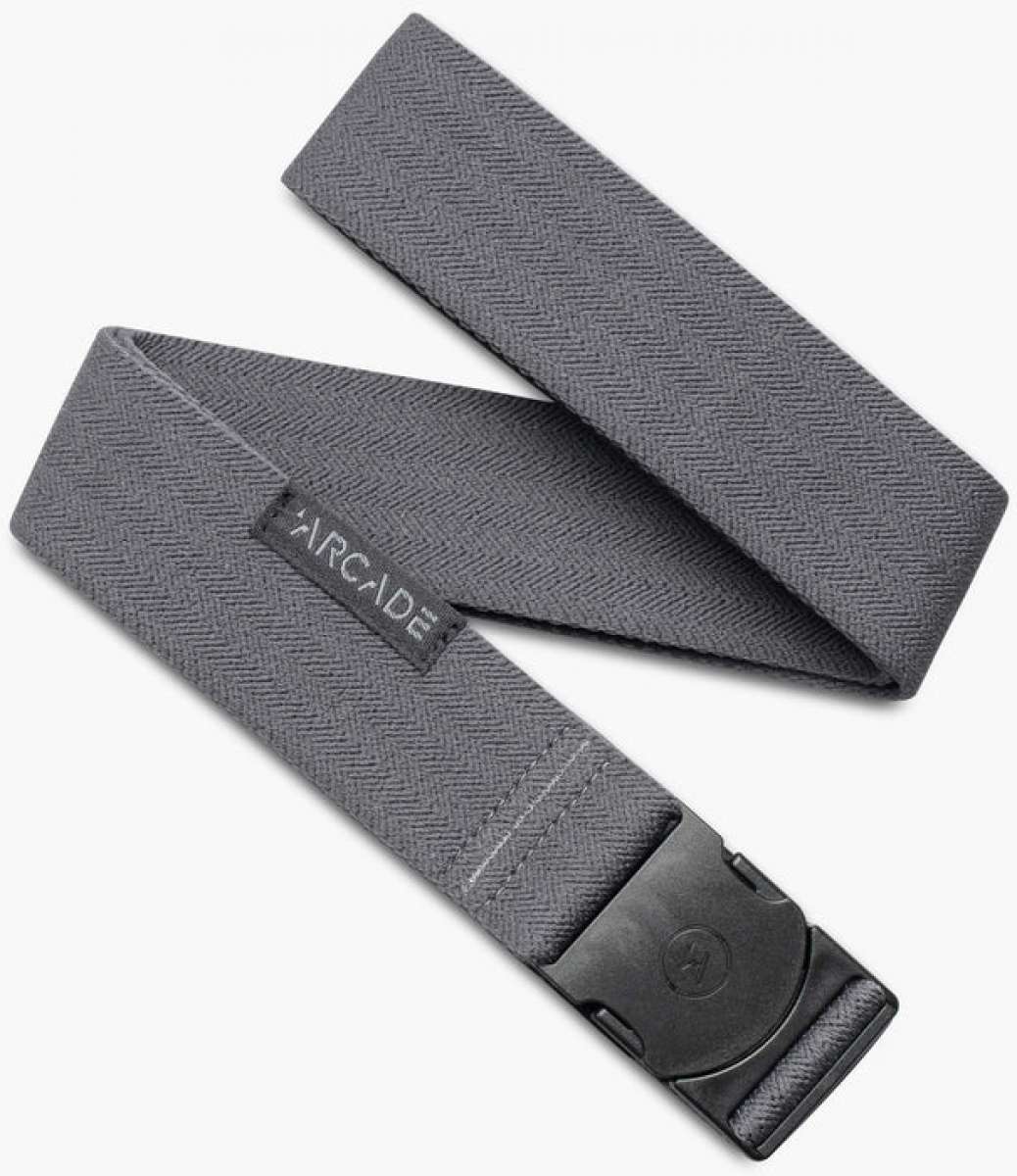 Arcade Ranger Belt 2023 - Gray belt with a subtle herringbone pattern on its gray fabric strap, featuring a black plastic buckle.