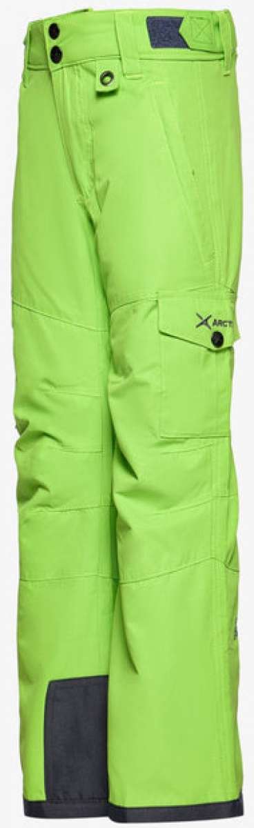 Arctix Kids Cargo Insulated Pants 2023 - A pair of lime green snow pants with black cargo pockets and a gray logo on the left leg.