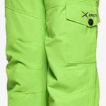 Arctix Kids Cargo Insulated Pants 2023 - A pair of lime green snow pants with black cargo pockets and a gray logo on the left leg.