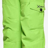 Arctix Kids Cargo Insulated Pants 2023 - A pair of lime green snow pants with black cargo pockets and a gray logo on the left leg.