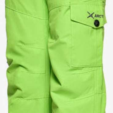 Arctix Kids Cargo Insulated Pants 2023 - A pair of lime green snow pants with black cargo pockets and a gray logo on the left leg.