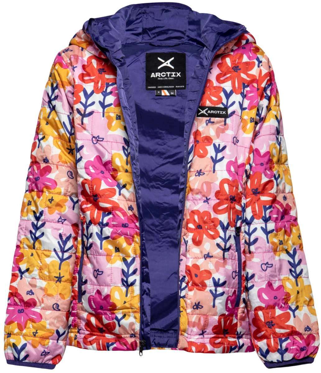 Arctix Girls Aero Hooded Insulated Jacket 2023 - A girls' insulated jacket with a hood, featuring a floral pattern in shades of pink and yellow on a white background.