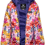 Arctix Girls Aero Hooded Insulated Jacket 2023 - A girls' insulated jacket with a hood, featuring a floral pattern in shades of pink and yellow on a white background.