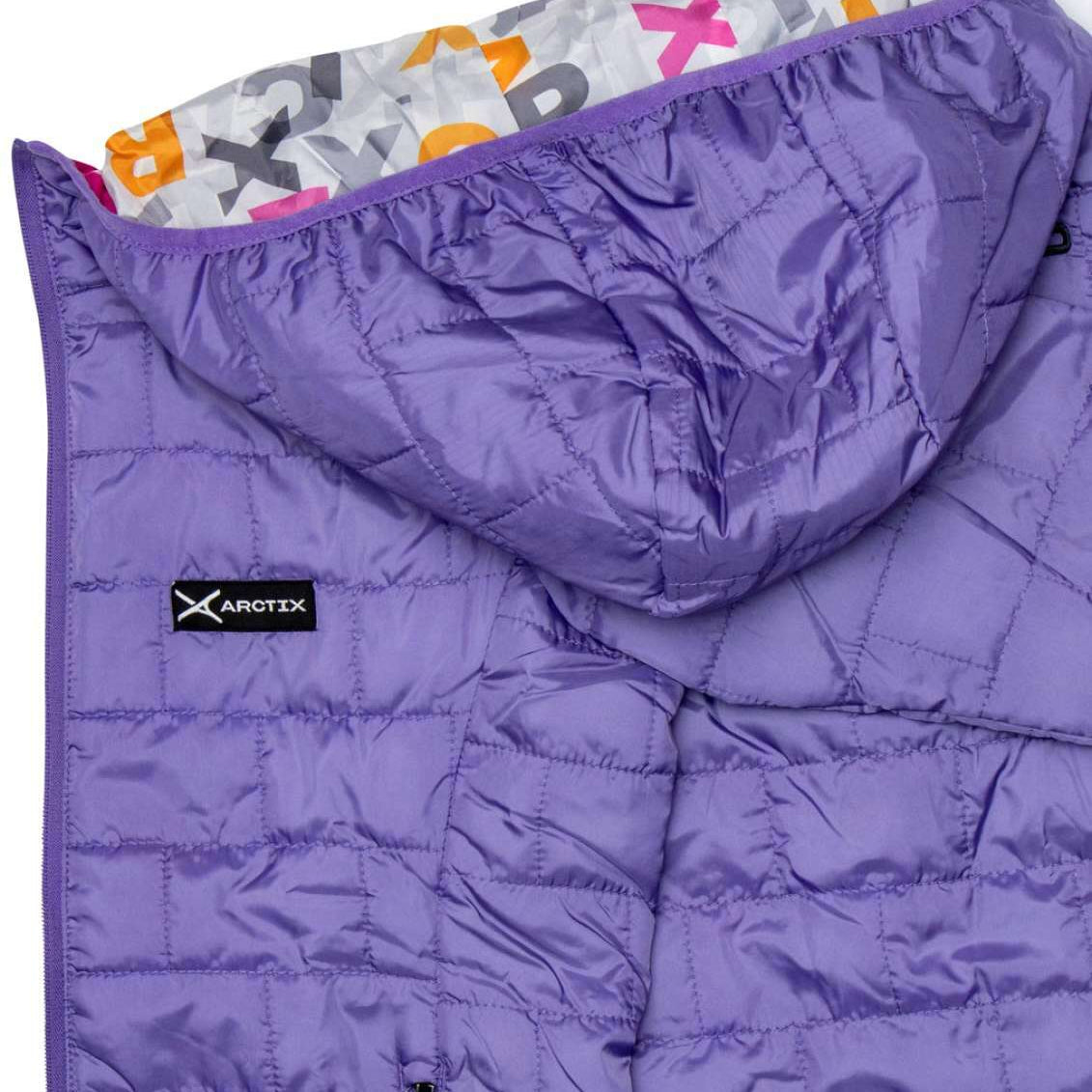 Arctix Girls Aero Hooded Insulated Jacket 2023 - A purple hooded jacket with a white, gray, orange and pink pattern on the inside of the hood.