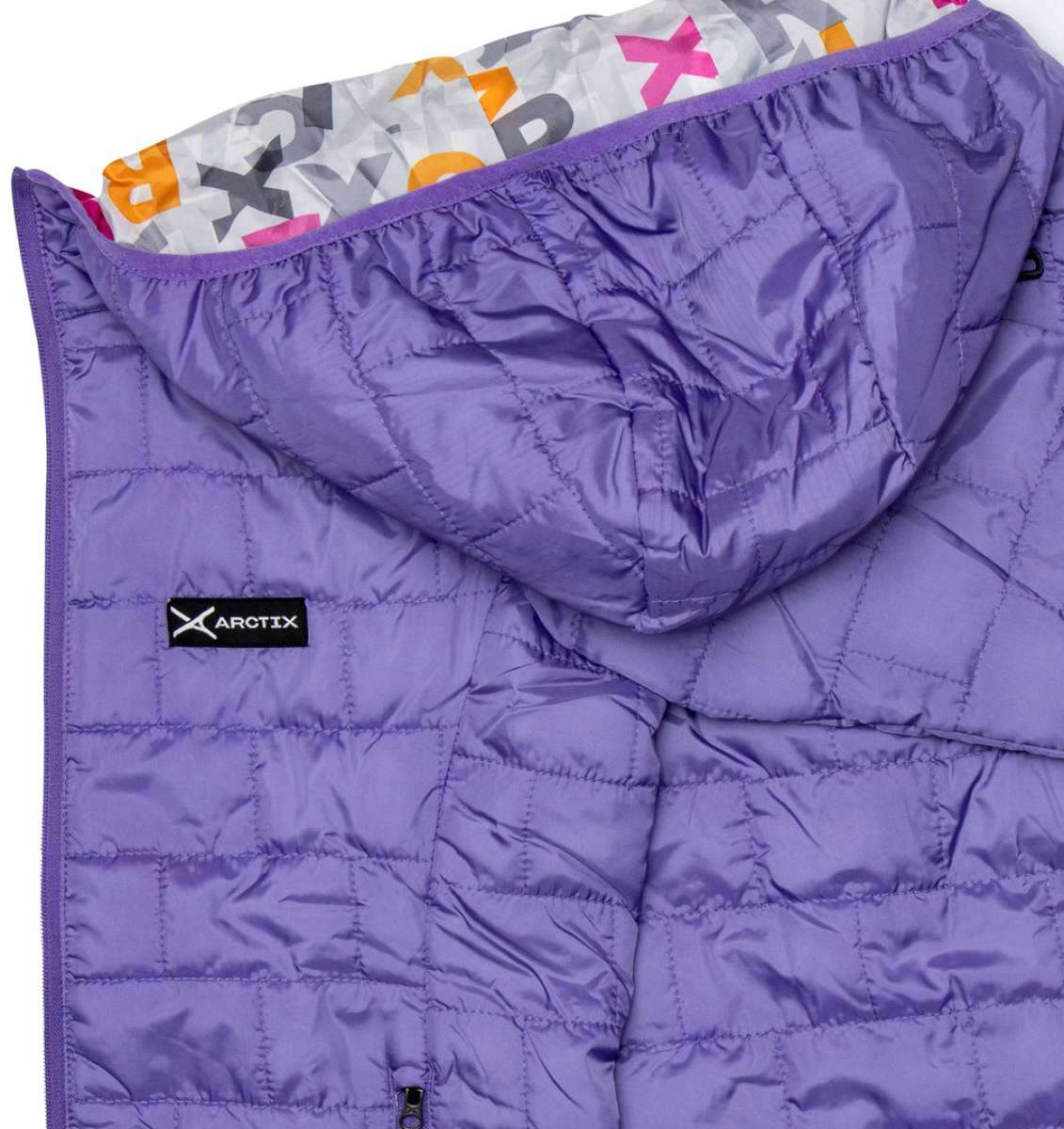 Arctix Girls Aero Hooded Insulated Jacket 2023 - A purple hooded jacket with a white, gray, orange and pink pattern on the inside of the hood.