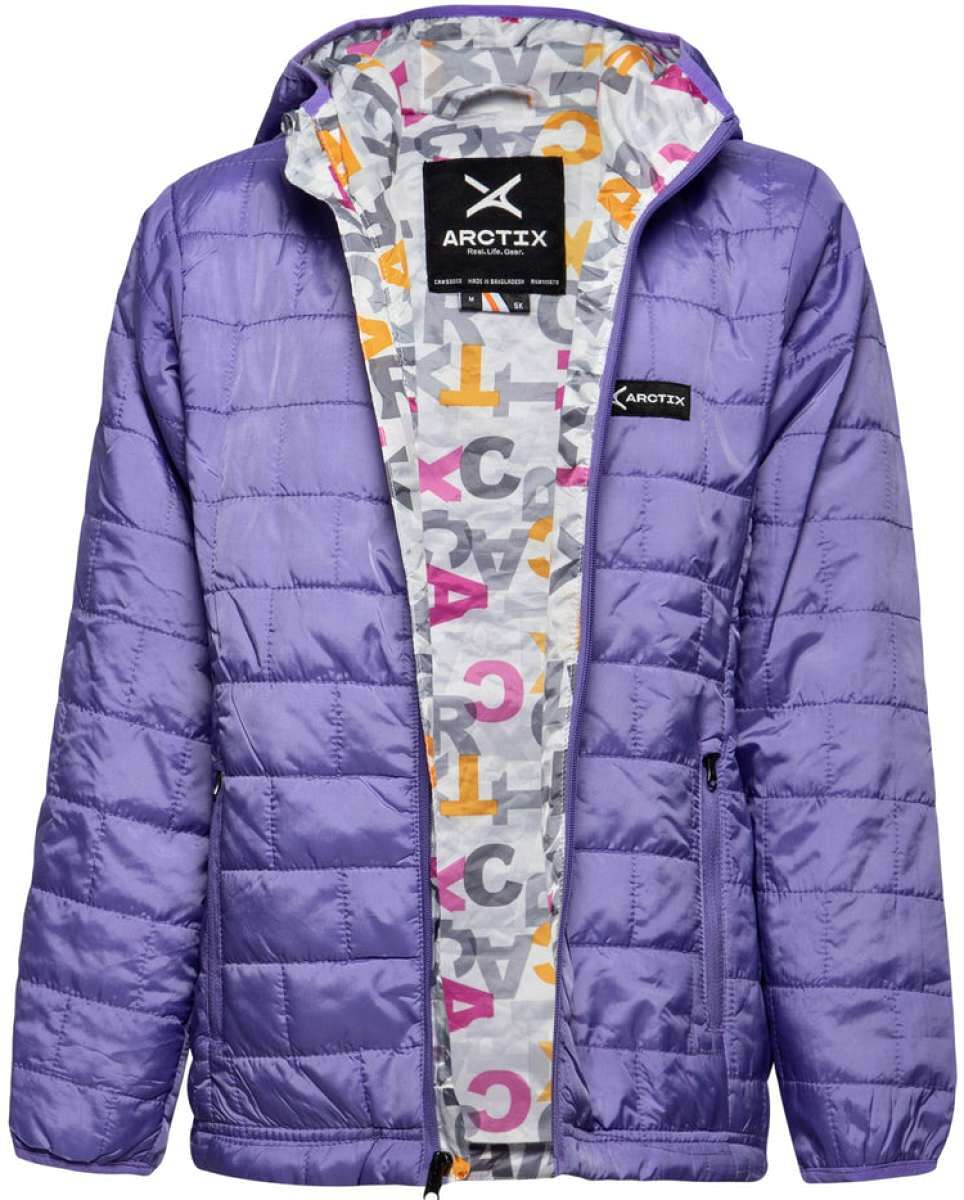 Arctix Girls Aero Hooded Insulated Jacket 2023 - A purple hooded jacket with a white interior featuring gray, pink and orange letters.