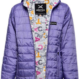 Arctix Girls Aero Hooded Insulated Jacket 2023 - A purple hooded jacket with a white interior featuring gray, pink and orange letters.