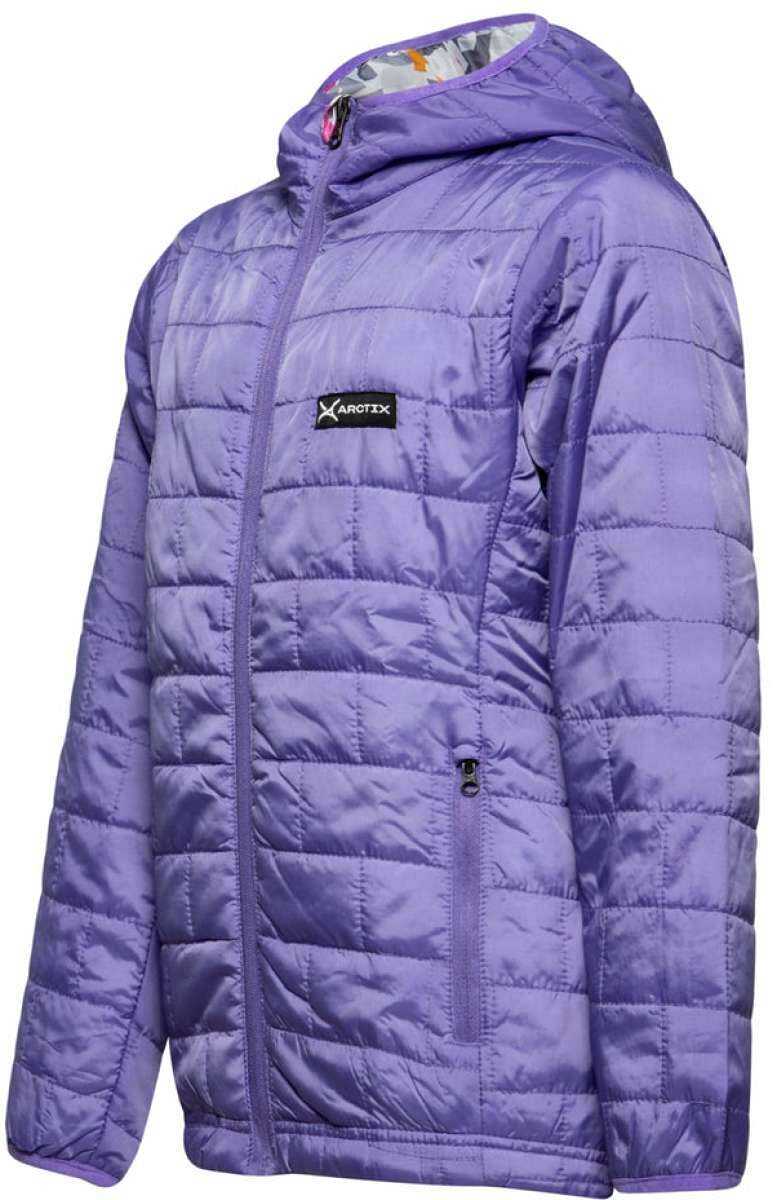 Arctix Girls Aero Hooded Insulated Jacket 2023 - A purple jacket with a hood, featuring a black logo patch on the left chest area.