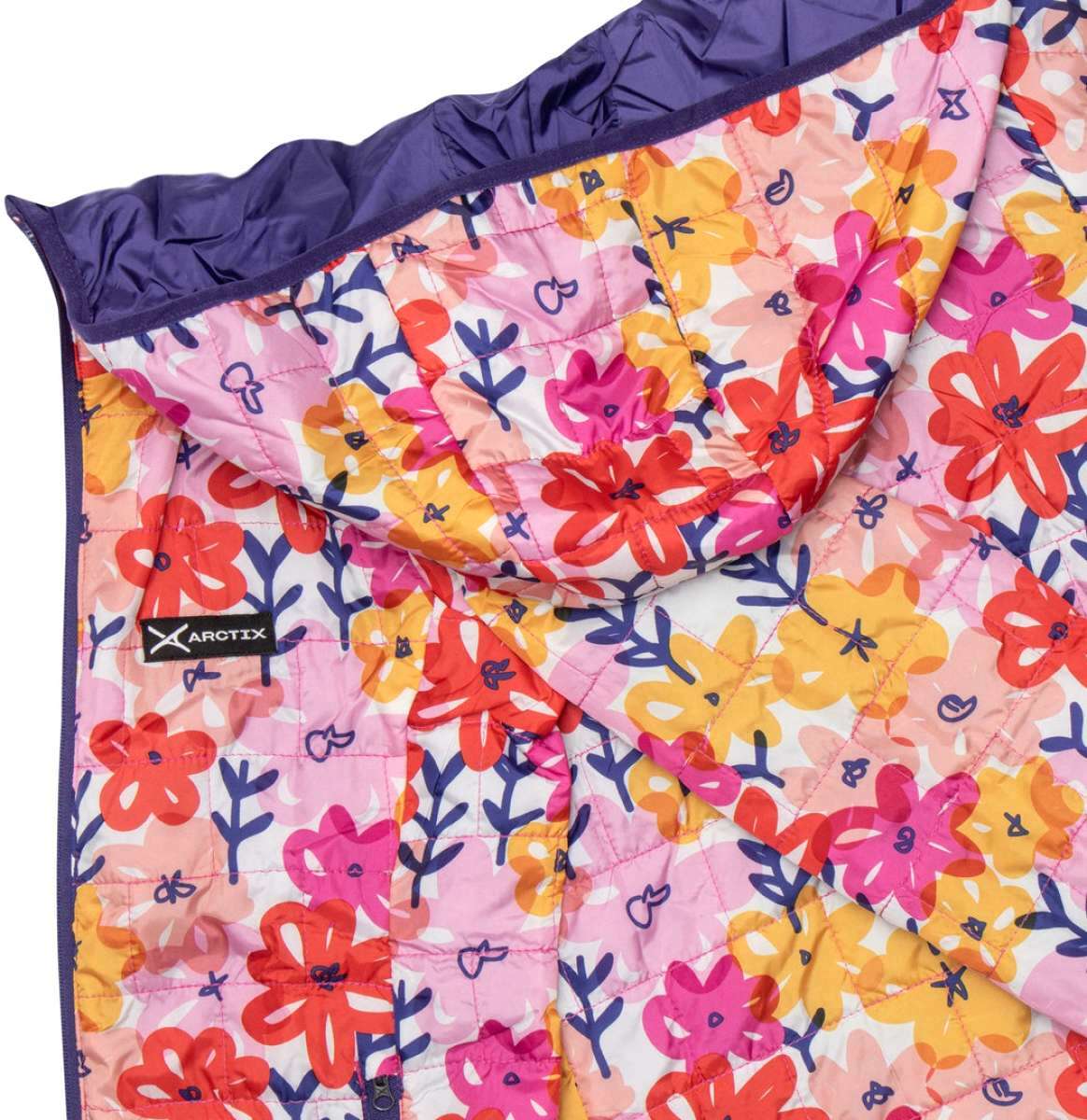 Arctix Girls Aero Hooded Insulated Jacket 2023 - A pink hooded jacket with a floral pattern of red, orange, and yellow flowers on a white background.