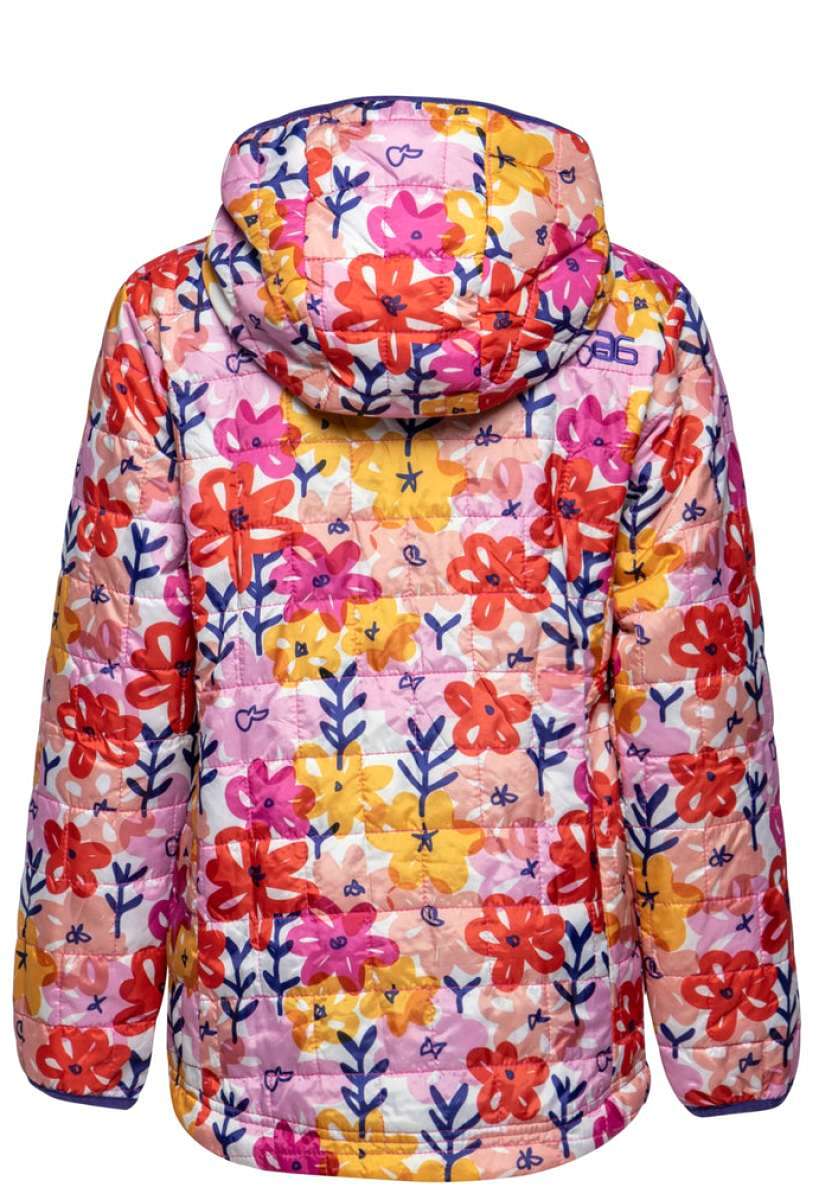 Arctix Girls Aero Hooded Insulated Jacket 2023 - A light pink jacket with a hood, featuring a floral pattern of red and yellow flowers with blue stems on a white background.