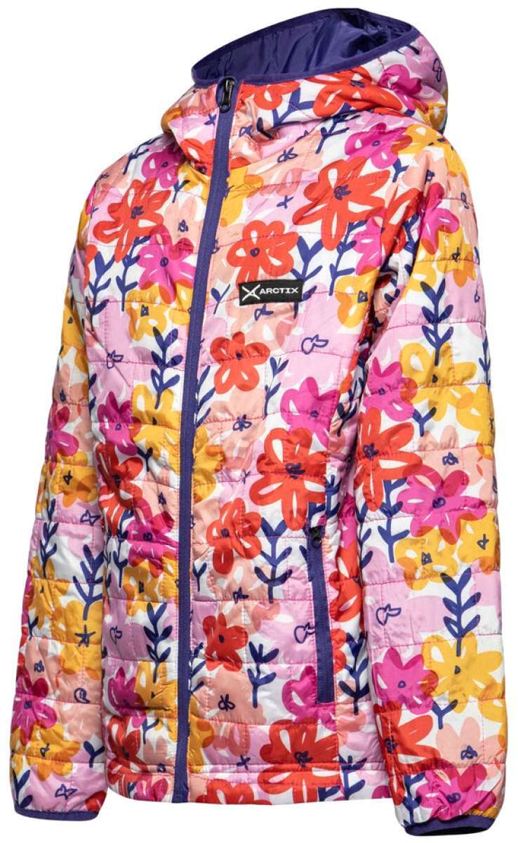 Arctix Girls Aero Hooded Insulated Jacket 2023 - A pastel pink jacket with a floral pattern of red, orange, yellow and purple flowers.
